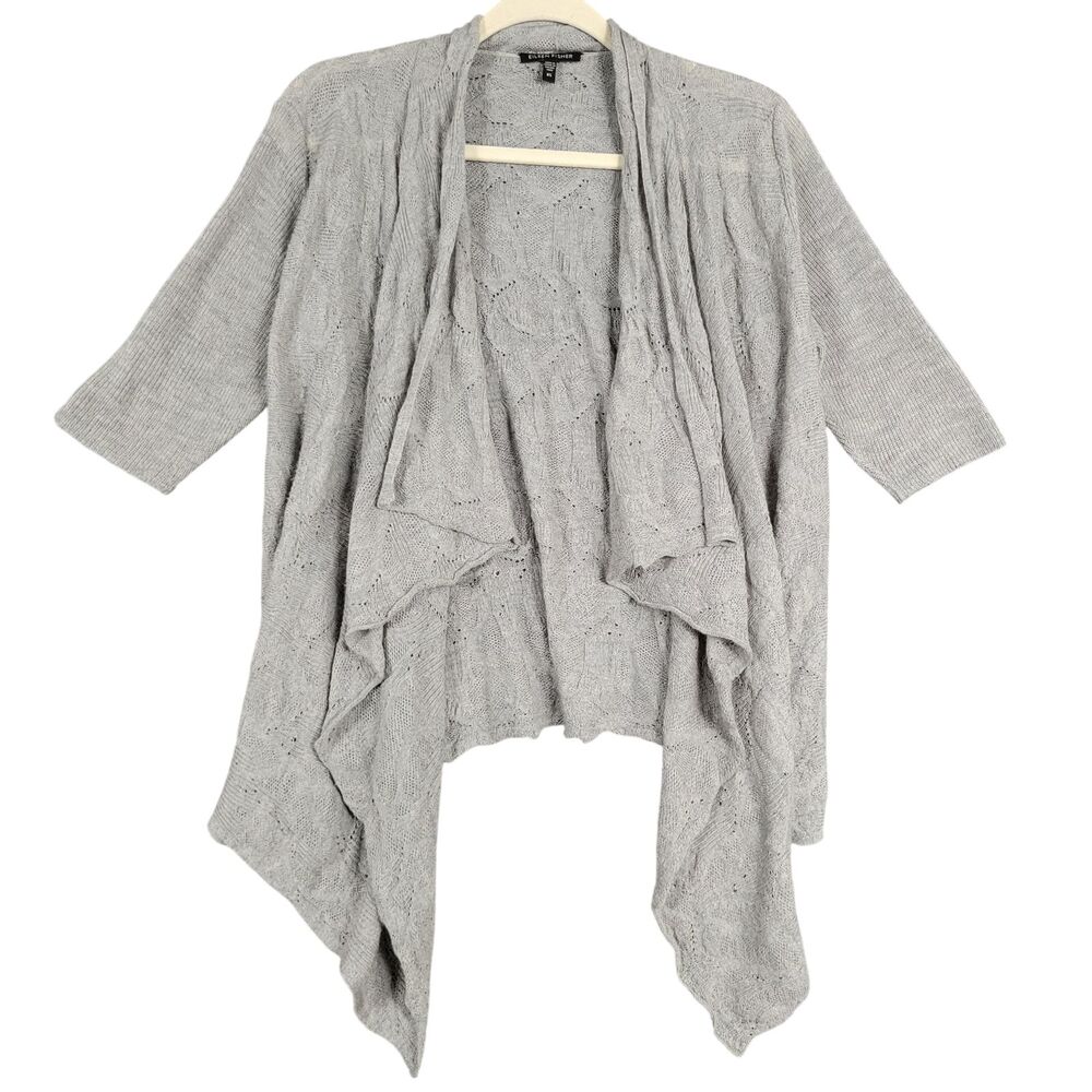 EILEEN FISHER Gray 100% Merino Wool Waterfall Open Knitted Cardigan SIZE XS